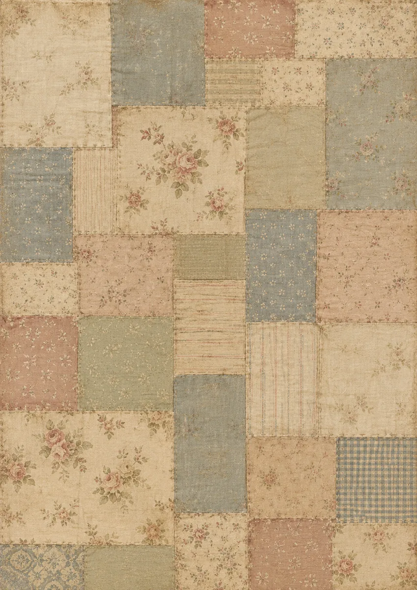 Faded vintage patchwork quilt with cottage roses, ticking stripes, checks, and pastel fabric squares
